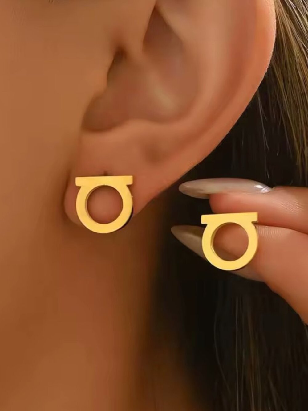 Chic 14K Gold Plated Gancini Horseshoe Designer Inspired Stud Earrings Elegant